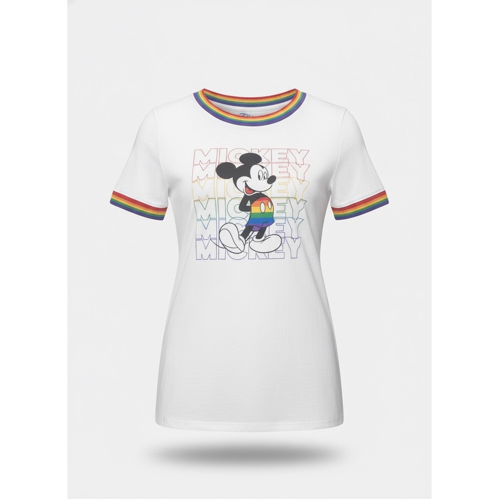 Disney Parks Mickey Mouse Rainbow Ringer T-Shirt White Kids Large L Pride